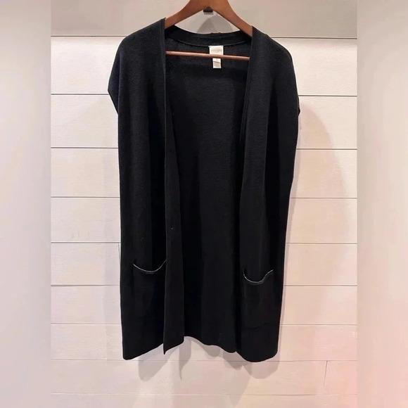 Chico's Sweaters - Chico’s Black Sweater-nit Coverup with Leather Trimmed Pockets- Chico’s size 3